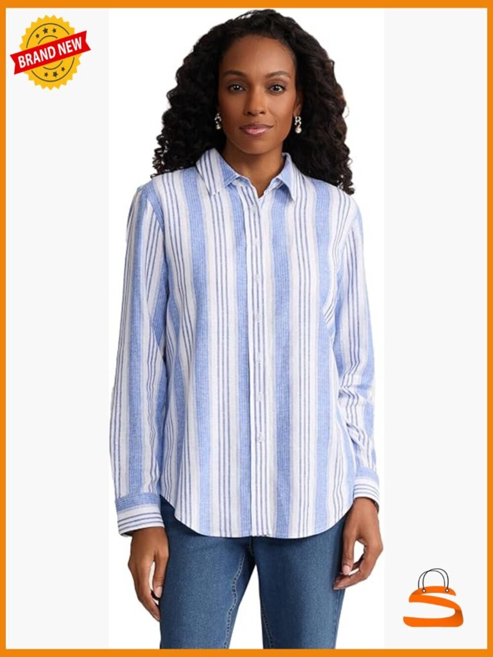 Yarn-Dyed Striped Linen V-Neck Drop Shoulder Top
